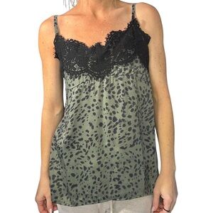 Black Lace & Army Green Cheetah Print Silky‎ Camisole with Side Slits